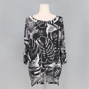 CLARA SUNWOO Leaf Print Black White High Low Stretch Tunic Top Size S